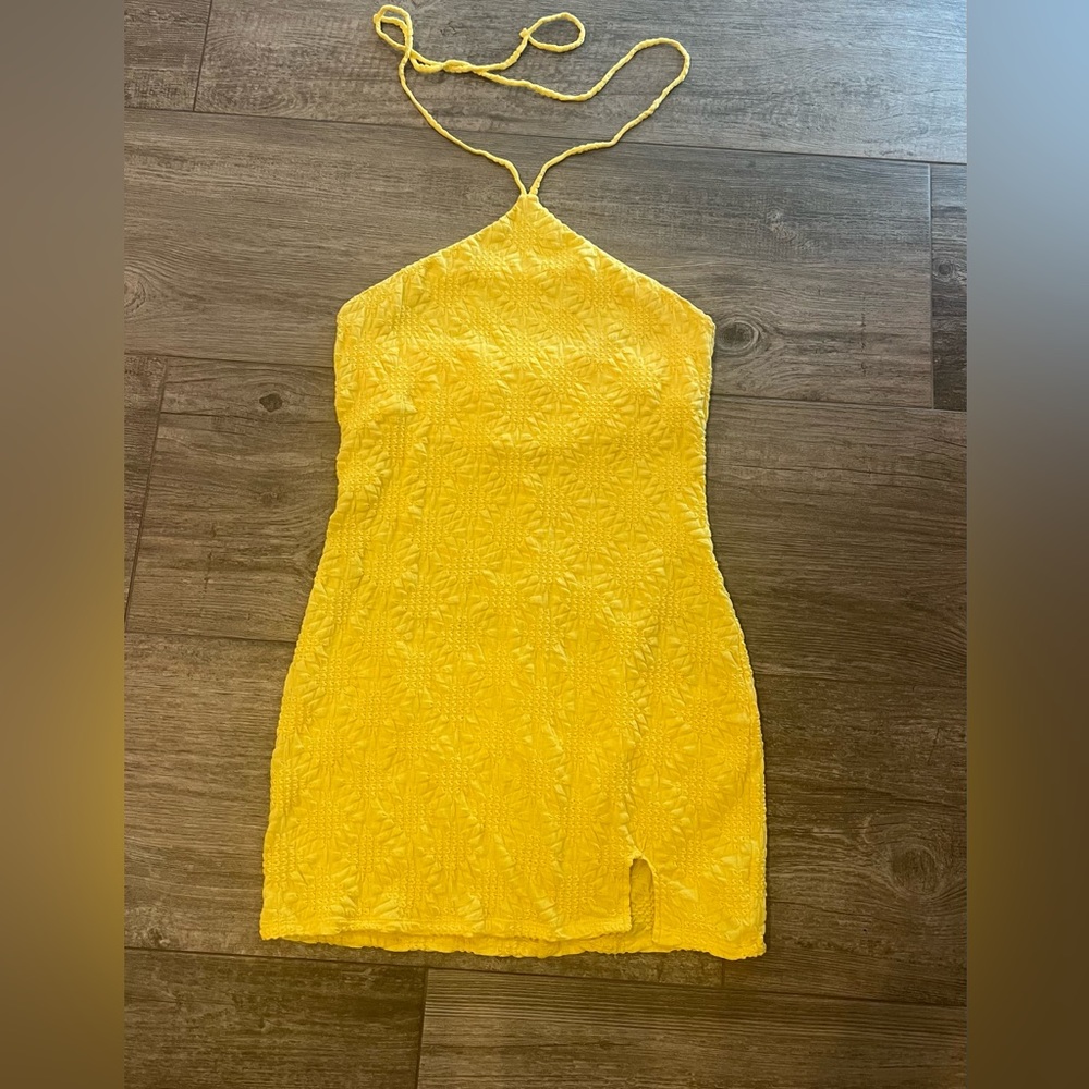 Yellow terry mini cute dress, tie around neck